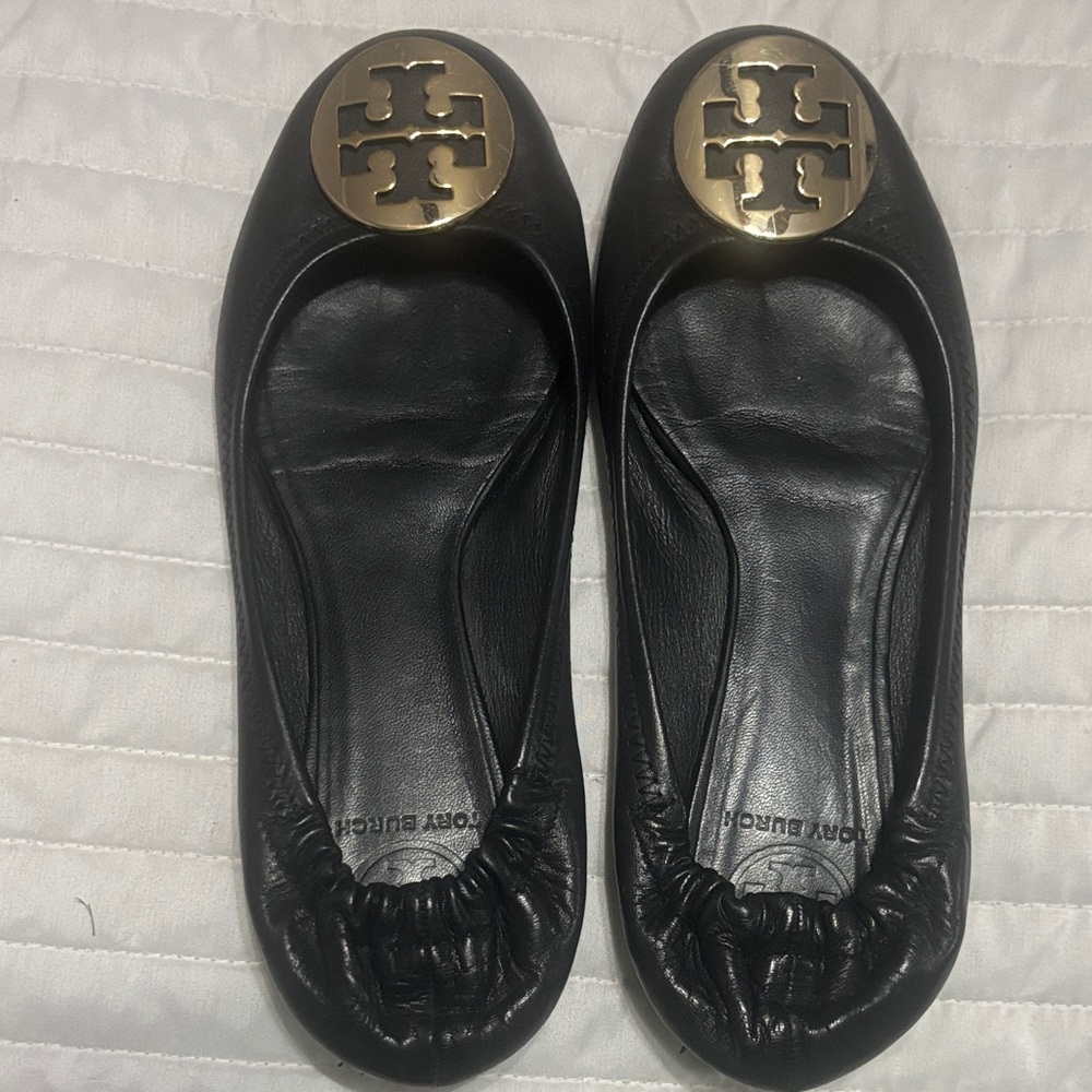 Tory Burch Black Flats with Gold Emblem